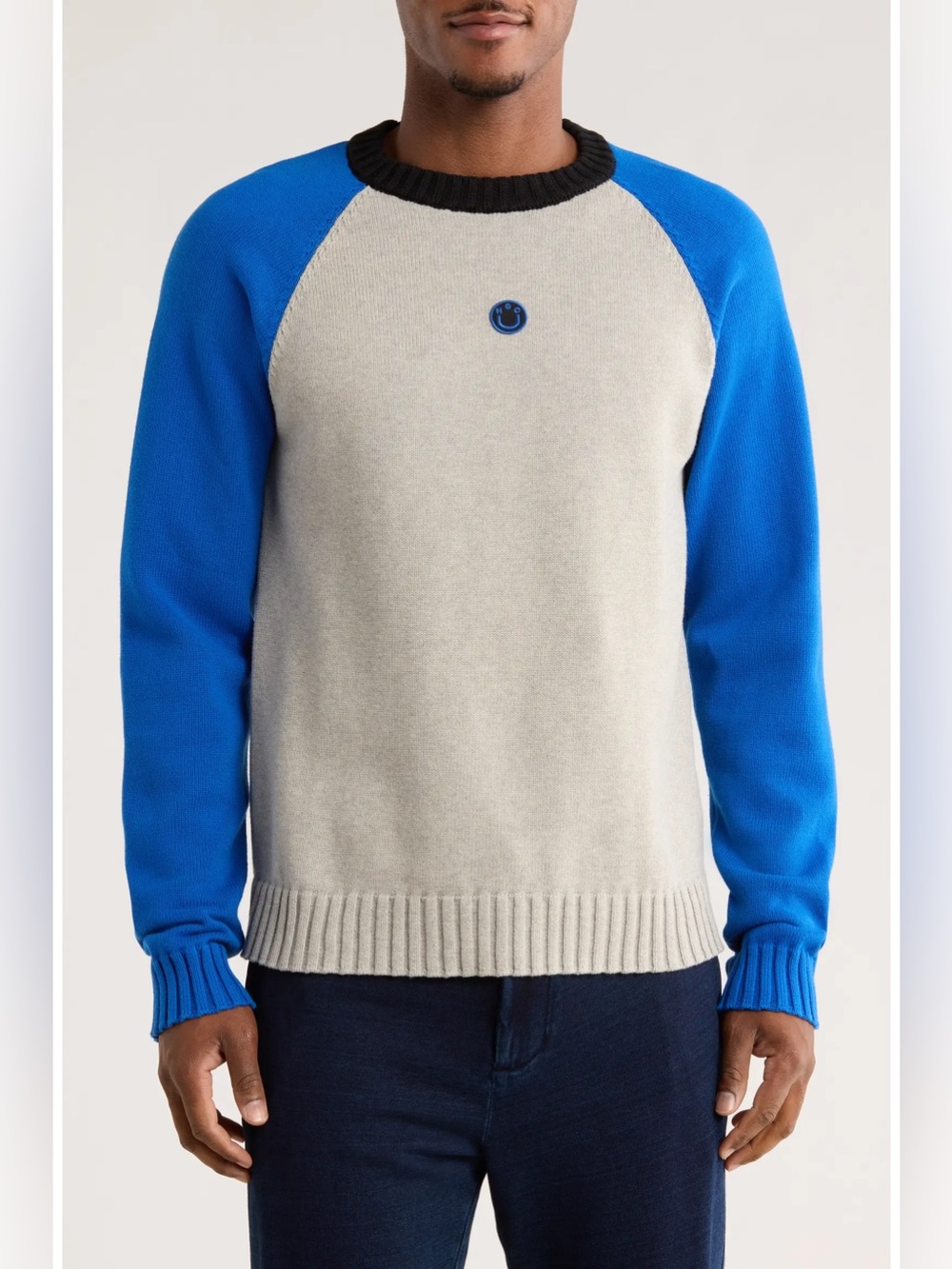 HUGO Men's Colorblock Raglan Crewneck Sweater Blue Gray Size M 100% Cotton NWT